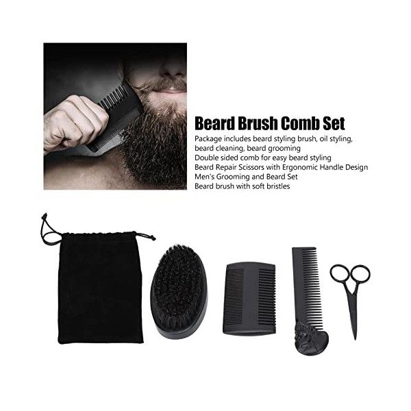 Kit de toilettage de barbe, brosse à barbe en poils de sanglier naturels et peigne ciseaux à moustache avec pochette à cordon