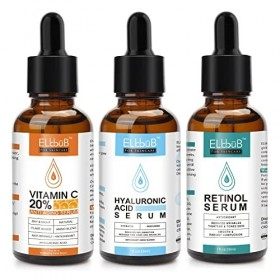 Kit de Sérum Visage - Sérum Vitamine C/Serum Rétinol et Sérum Acide Hyaluronique - Hydrate, Éclaircit, Raffermit la Peau - Sé