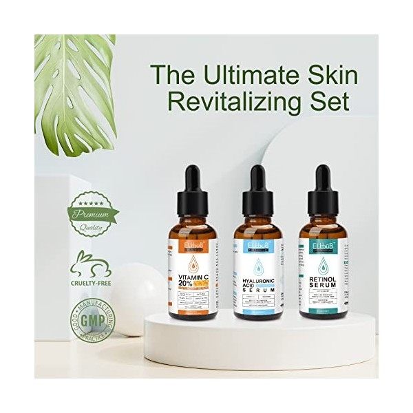 Kit de Sérum Visage - Sérum Vitamine C/Serum Rétinol et Sérum Acide Hyaluronique - Hydrate, Éclaircit, Raffermit la Peau - Sé...