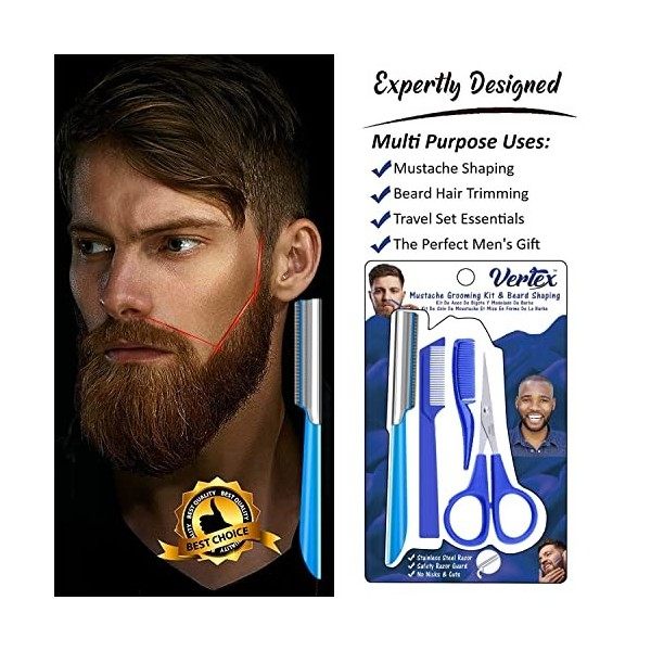 Vertex Peigne et ciseaux à moustache - Peigne à barbe à bord droit - Rasoir pour homme - Outil de façonnage de bouc - Moustac