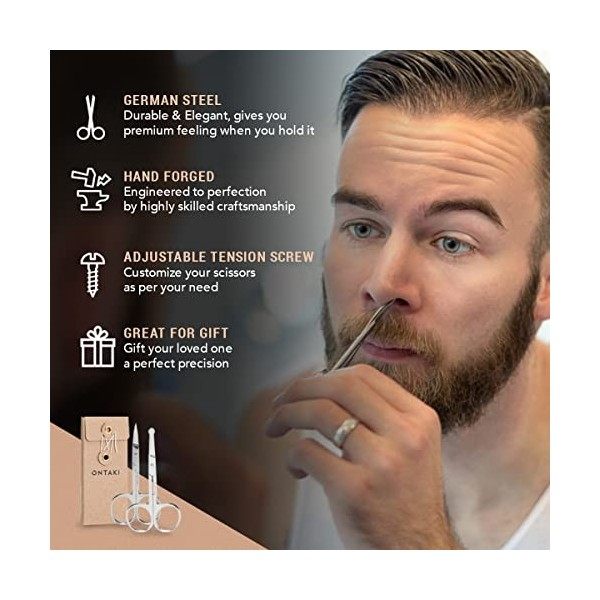 ONTAKI Ciseaux à barbe, moustache, nez, sourcils avec lame incurvée et pointe émoussée de sécurité 2 Pack