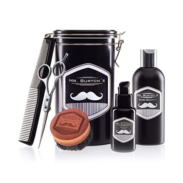 Set de soins pour barbe de grande qualité, comprenant l’huile à barbe Mr. Burton "fresh", un ciseau et un peigne pour barbe –