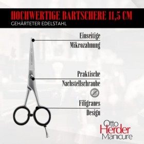 Ciseaux à barbe Otto Herder de 11,5 cm avec dents unilatérales en acier inoxydable avec crochet à visser et anneaux noirs amo