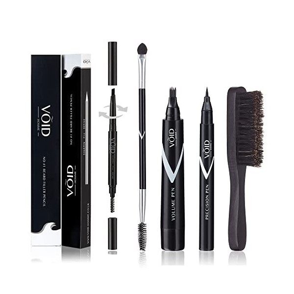 VOID Homme Kit de Remplissage de Barbe Gris, Pack de 5 Crayon à Barbe Imperméable, Brosse Barbe Homme, Stylo à Barbe Homme,