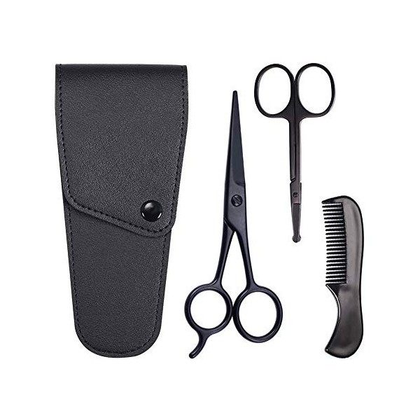 MoreChioce Ensemble de Ciseaux à Barbe,4 Pcs Kit Ciseaux de Cheveux de Nez,Peigne, Ciseaux en Acier Inoxydable et Étui de Ran