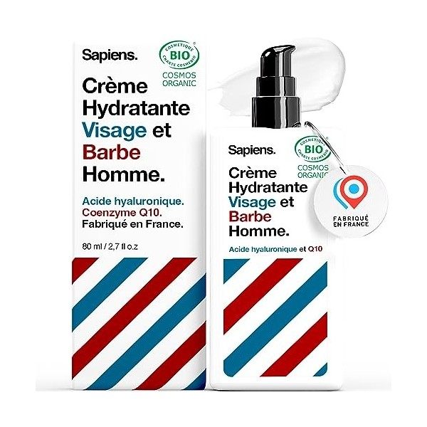 Sapiens Crème Hydratante Visage Homme 80ml BIO - 2en1 Creme Visage Homme & Soin Barbe Homme - Enrichie en acide hyaluronique ...