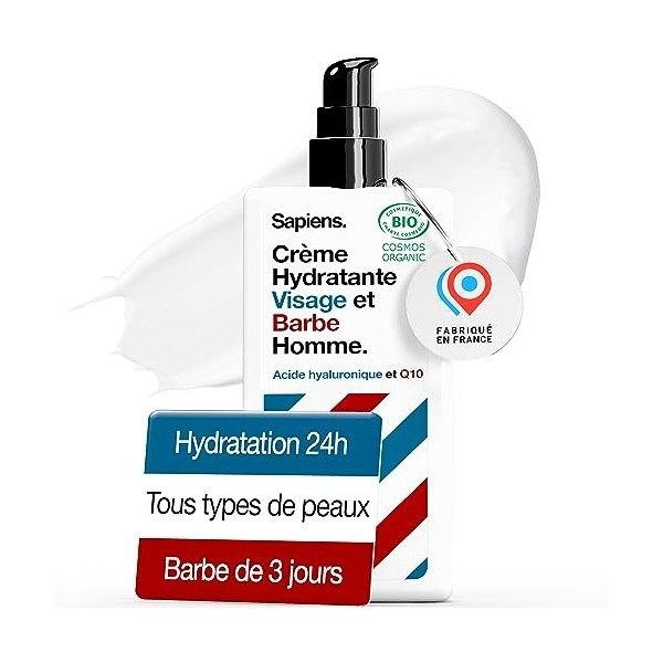 Sapiens Crème Hydratante Visage Homme 80ml BIO - 2en1 Creme Visage Homme & Soin Barbe Homme - Enrichie en acide hyaluronique ...