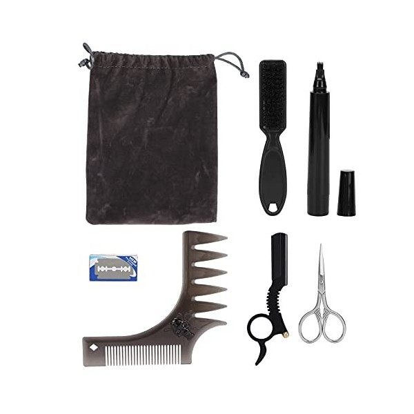 Kit de Toilettage de Barbe pour Hommes, Kit de Toilettage de Barbe Stylo de Coupe de Barbe Pinceau Ciseaux Moustache Ensemble