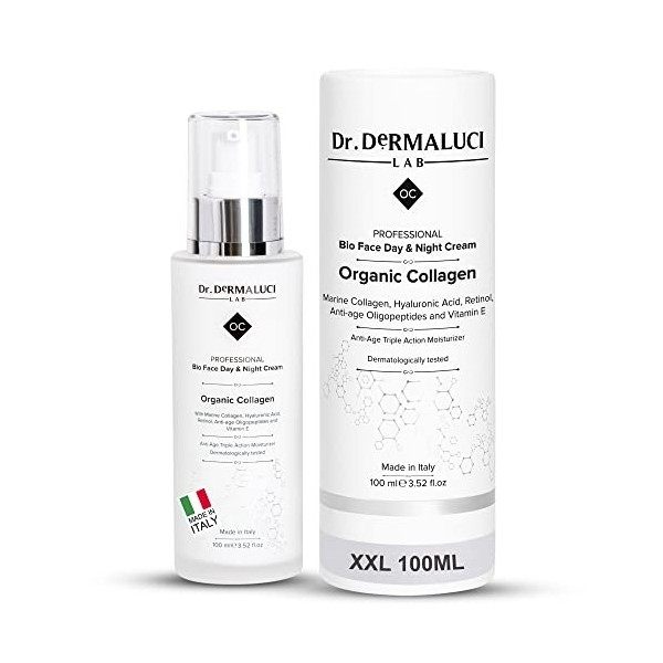 Creme Hydratante Visage Collagene et Acide Hyaluronique BIO 100ml, Rétinol, Vitamine C+E, Oligopeptides, Aloe Vera, Huile de ...