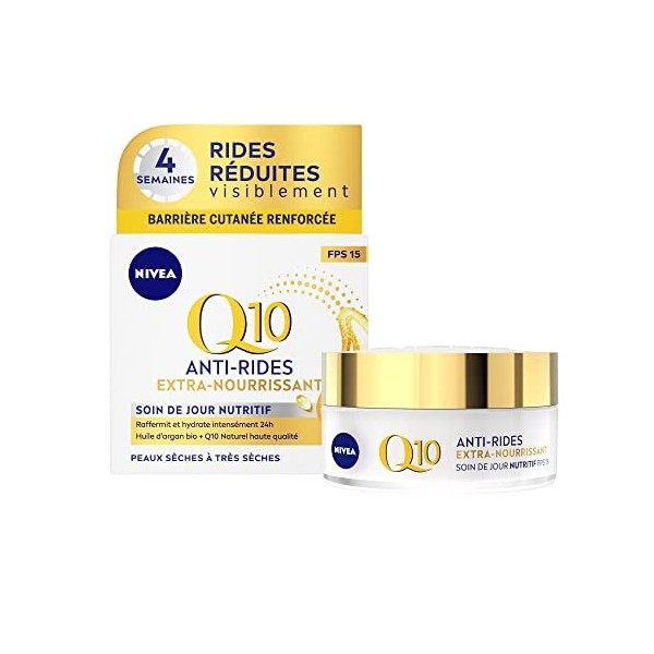 NIVEA Q10 Power Anti-Rides Soin de Jour + Extra-Nourrissant 1x50ml , Soin visage FPS 15 enrichi en Huile d’Argan BIO & Q10 n ...