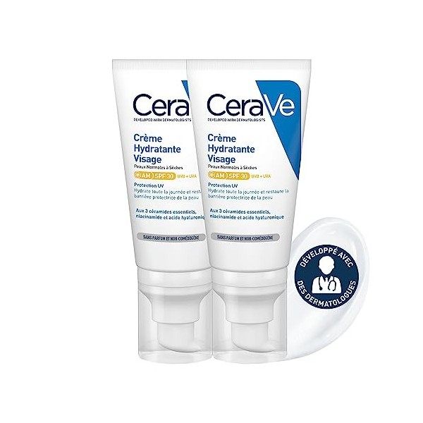 CeraVe Crème Hydratante Visage SPF 30 | 2 x 52ml | Crème Visage Jour Hydratante 24h à lAcide Hyaluronique pour Peaux Normale