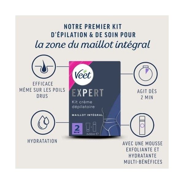 VEET EXPERT - Crème Dépilatoire Poils Tenaces - Maillot Intégral Avec Mousse Exfoliante - Agit en 2min - 2x50ml