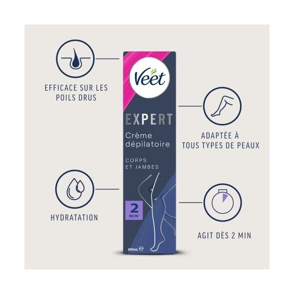 VEET EXPERT - Crème Dépilatoire Poils Tenaces - Corps & Jambes - Agit en 2min - 200ml