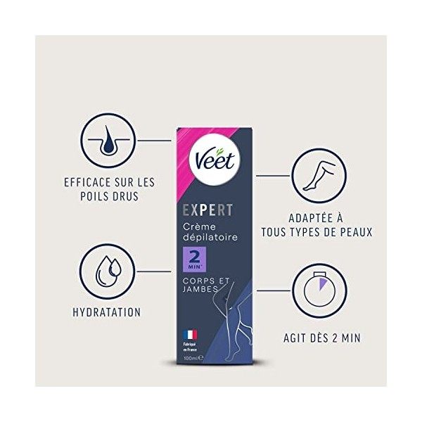 VEET EXPERT - Crème Dépilatoire Poils Tenaces - Corps & Jambes - Agit en 2min - 100ml