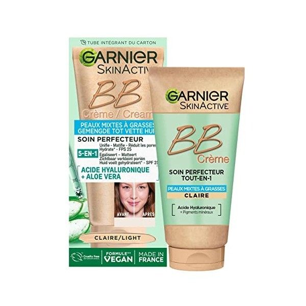 Garnier - BB Crème Peaux Mixtes à Grasses - Soin Perfecteur Tout-en-1 Anti-Imperfections - FPS 25 - Enrichi en Acide Hyaluron...