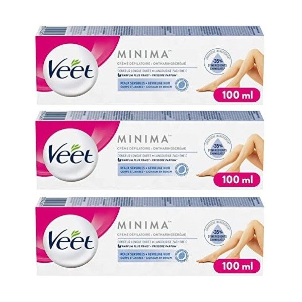 Veet Crème Dépilatoire Minima - Douceur Longue Durée Après Epilation- Peaux Sensibles - Tube 100ml Lot de 3 