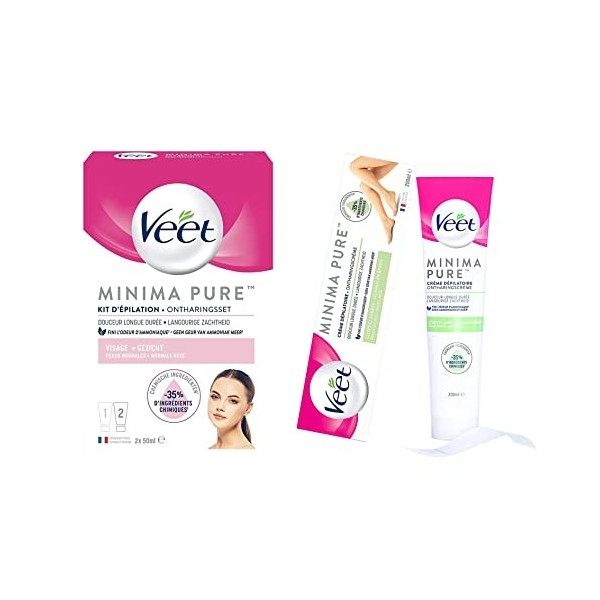 VEET - Crème Dépilatoire Visage 50ml & Crème de Finition Douceur 50ml + Crème Dépilatoire Corps Jambes 200ml - Peaux Normales