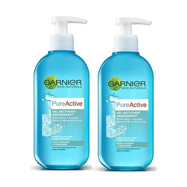 Garnier Pure Active Gel Nettoyant Assainissant 200 ml - Lot de 2 Crème Jour et Nuit