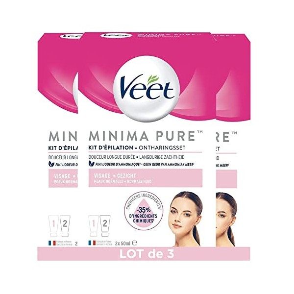 VEET PURE - Kit Crème Dépilatoire Visage Avec Crème de Finition Douceur - Peaux Normales - Sans Odeur dAmoniaque - Lot de 3x