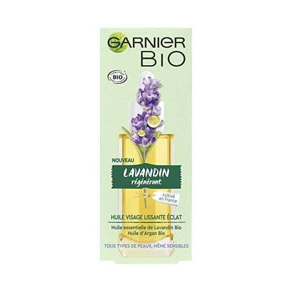 Garnier Bio – Huile Visage Lissante Éclat – Huile Essentielle de Lavandin Bio et Huile d’Argan Bio – Pour Tous Types de Peaux...