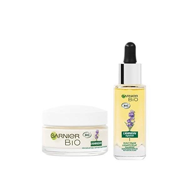 Garnier Bio - Coffret Routine Visage Bio au Lavandin - Soin Jour Anti - Âge 50 ml - Huile Visage Lissante Eclat 30 ml - Tous ...