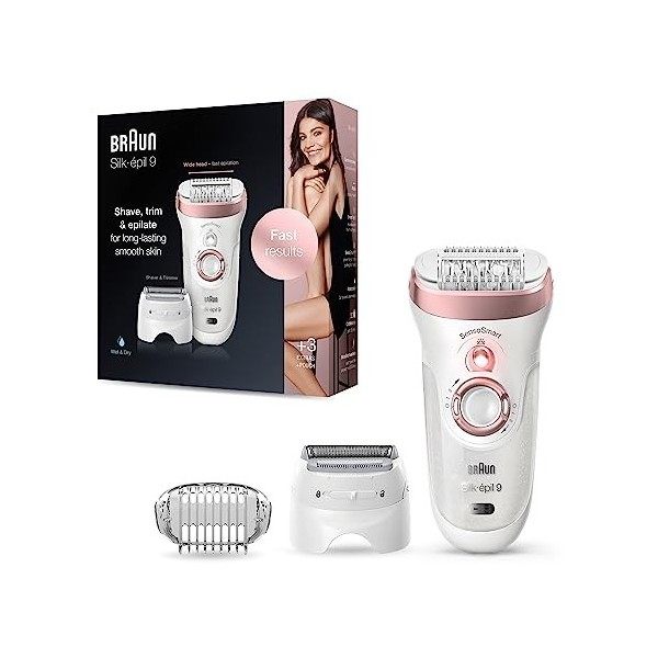 Braun Silk-épil 9 Épilateur Électrique Femme, Tête De Rasage Et Tondeuse Blanc/Or Rose, Technologie De Pincettes Micro-Grip, 