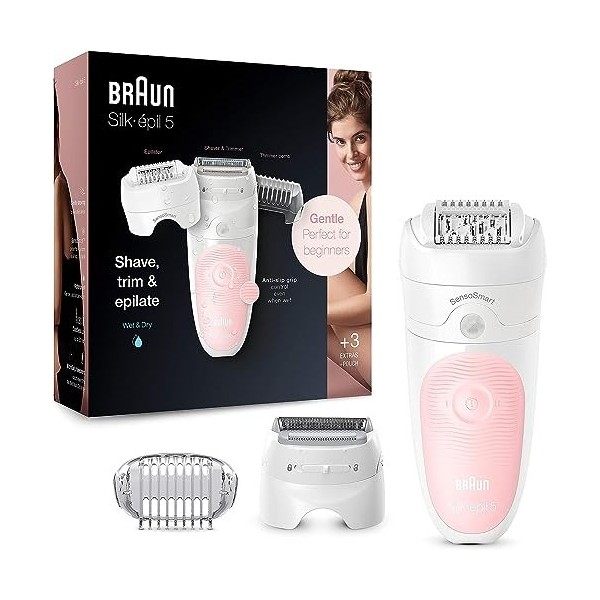 Braun Silk-épil 5 Épilateur Électrique Femme, Blanc/Rose, Tête De Rasage Et Tondeuse Pour Une Épilation En Douceur, Technolog