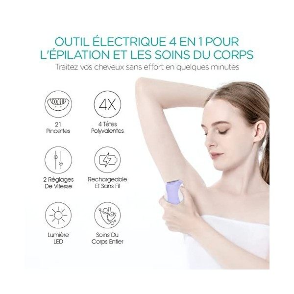 VOGOE Epilateur Electrique Femme, 4 en 1 avec 2 vitesses, rasoir sans fil rechargeable, 21 pinces couvertes, épilateur électr