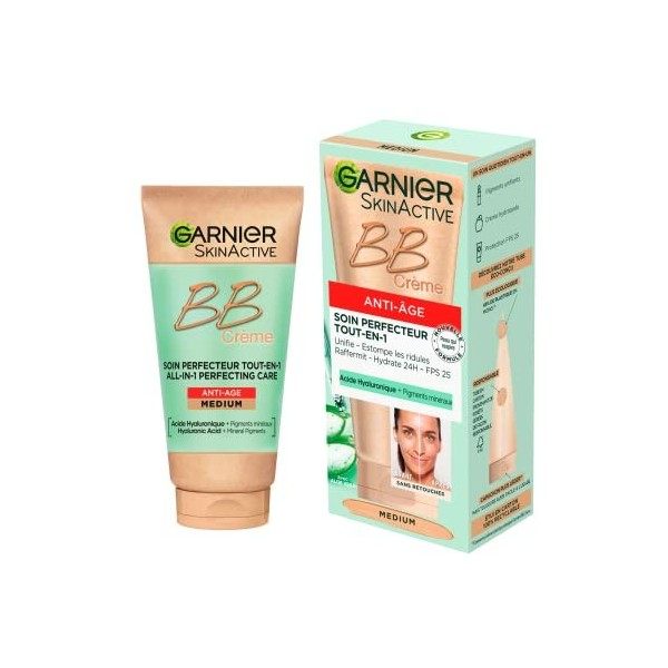 Garnier - BB Crème Anti-Âge - Soin Perfecteur Tout-en-1 Anti-Rides - FPS 25 - Enrichi en Acide Hyaluronique & Aloe Vera - Pou