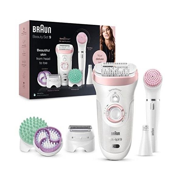 Braun Silk-Épil Beauty Set 9 Deluxe Épilateur Électrique Femme, Blanc/Rose, 9-En-1 Sans Fil Technologie Wet & Dry - Exfoliati