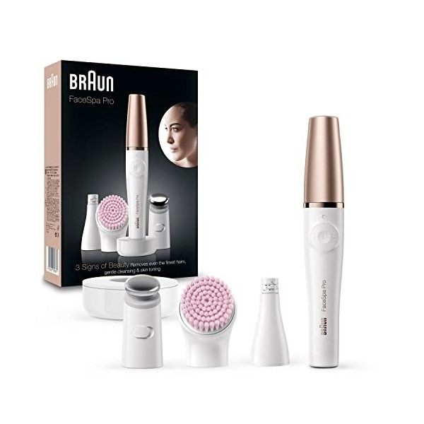 Braun FaceSpa Pro Épilateur Électrique Femme Visage et Beauté Tout-en-Un, Brosse Nettoyante et Tête Raffermissante, Rechargea