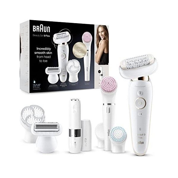 Braun Silk-épil 9 Flex Épilateur Électrique Femme + FaceSpa Brosse Exfoliante & Nettoyage, Plus Mini-Rasoir Visage, Avec Tête