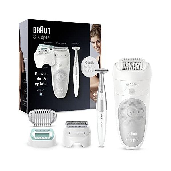 Braun Silk-épil 5 Épilateur Électrique Femme, Tête De Rasage + Capuchon pour Debutantes Bikini, Tondeuse Pour Une Épilation E