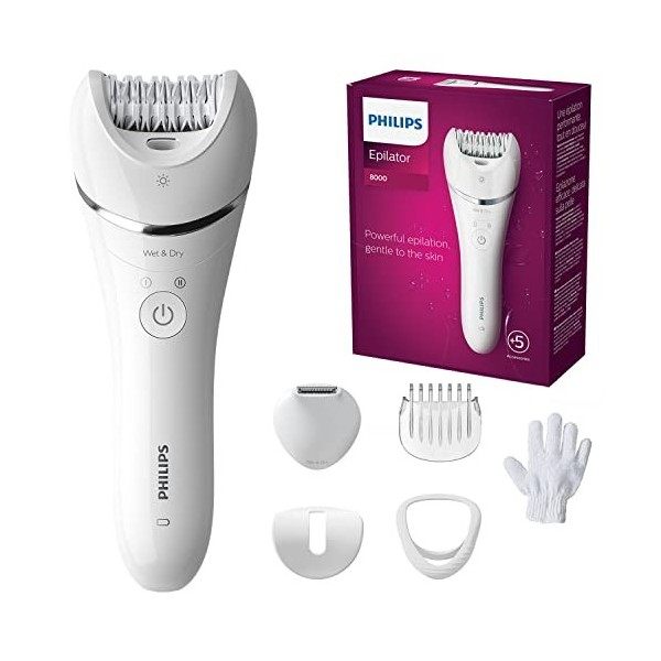 Philips Epilator Series 8000, épilation humide et sèche pour jambes et corps, épilation puissante, 6 accessoires, BRE715/01