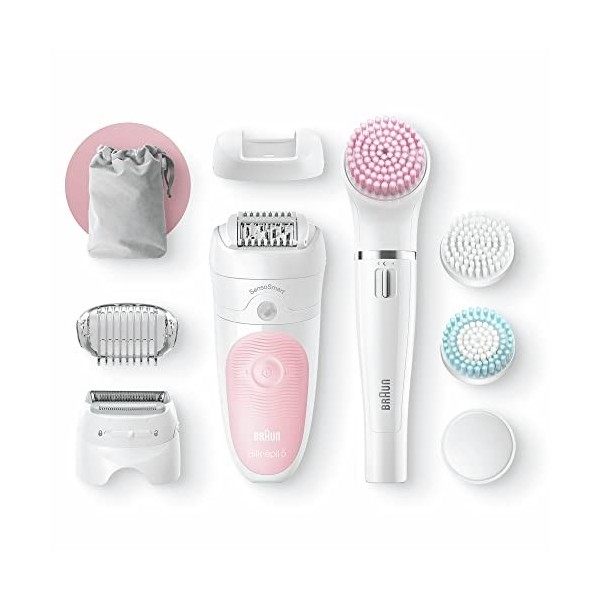 Braun Silk-épil Beauty Set 5 Épilateur Électrique Femme Blanc/Rose, pour débutantes, 6-en-1 Sans Fil, Wet & Dry, Rasoir, Nett