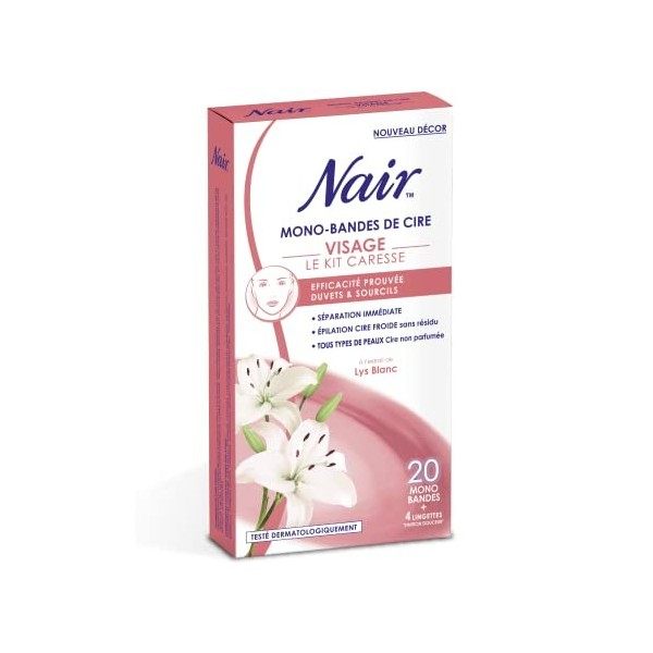 NAIR - Kit Caresse, Mono-Bandes de Cire Froide Spéciales Visage à lExtrait de Lys, 20 Mono-bandes Bandes + 4 Lingettes "Fini