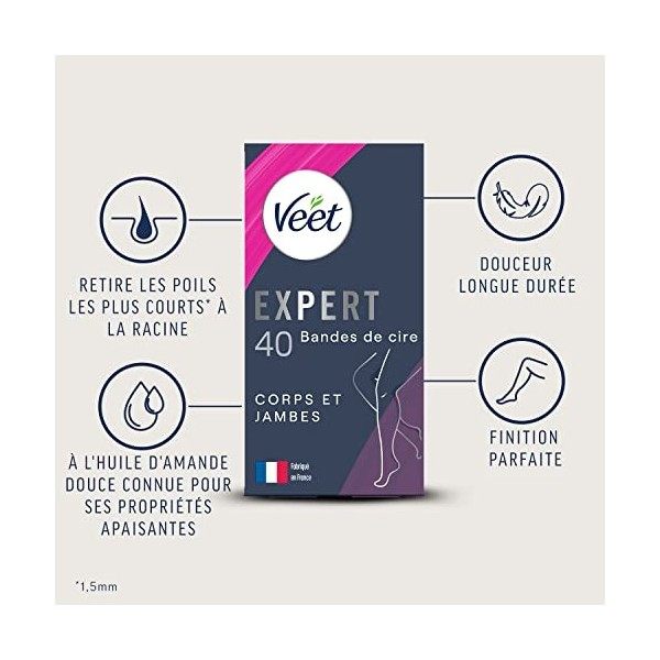 Veet EXPERT - 40 Bandes de Cire Froide Corps & Jambes - Peaux Normales - Finition Parfaite - Epilation Longue Durée