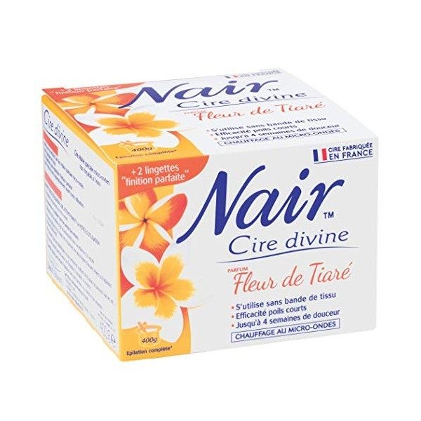 NAIR - Cire Divine aux Extraits de Fleur de Tiaré, Spéciale Peaux Sensibles, Se Retire Sans Bandes, Pot de 400g + 2 Lingettes