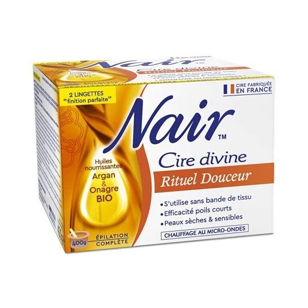 NAIR - Cire Divine aux Extraits de Fleur de Tiaré, Spéciale Peaux Sensibles, Se Retire Sans Bandes, Pot de 400g + 2 Lingettes