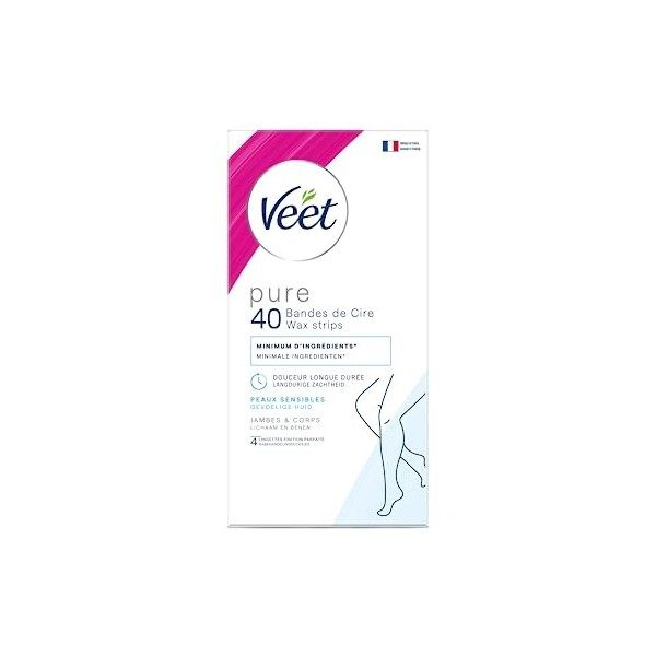 Veet PURE - 40 Bandes de Cire Froide Corps et Jambes - Peaux Sensibles - Recommandés par les Dermatologues - Epilation Longue