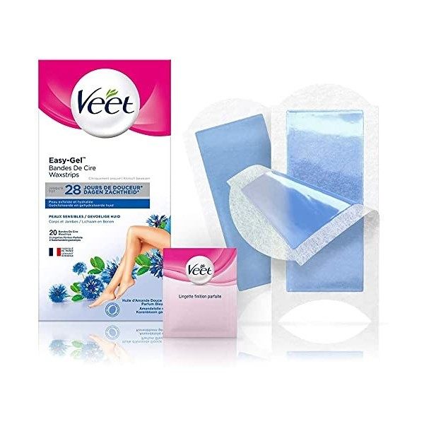 VEET EASY GEL - 40 Bandes de Cire Froide Corps & Jambes - Peaux Sensibles - Sans Frotter - Epilation Longue Durée