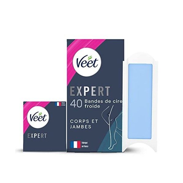 Veet EXPERT - 40 Bandes de Cire Froide Corps & Jambes - Peaux Sensibles - Finition Parfaite - Epilation Longue Durée