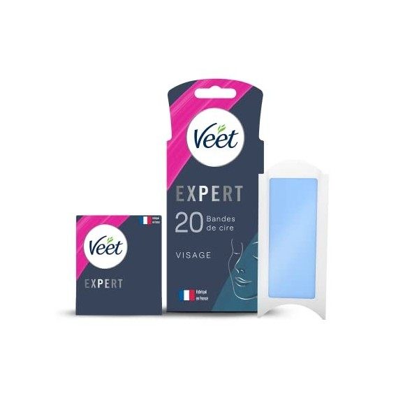 Veet EXPERT - 20 Bandes de Cire Froide Visage - Peaux Sensibles - Finition Parfaite - Epilation Longue Durée