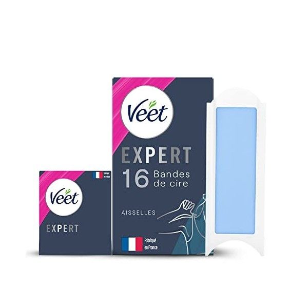 Veet EXPERT - 16 Bandes de Cire Froide Aisselles - Peaux Sensibles - Finition Parfaite - Epilation Longue Durée