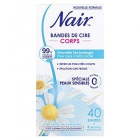 NAIR - Bandes de Cire Froide Corps, Spéciales Peaux Sensibles, à lExtrait de Camomille, 99% dOrigine Naturelle, 40 Bandes +