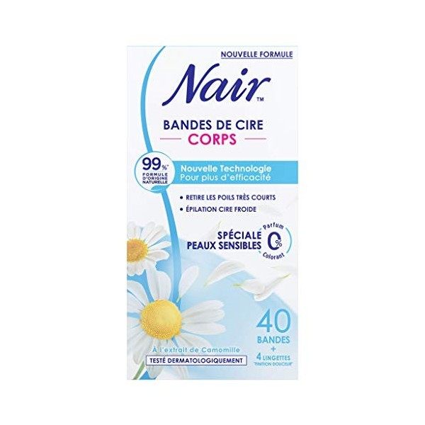 NAIR - Bandes de Cire Froide Corps, Spéciales Peaux Sensibles, à lExtrait de Camomille, 99% dOrigine Naturelle, 40 Bandes +