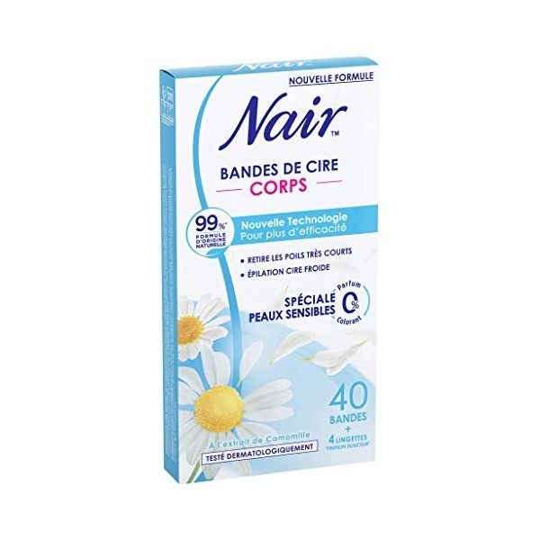 NAIR - Bandes de Cire Froide Corps, Spéciales Peaux Sensibles, à lExtrait de Camomille, 99% dOrigine Naturelle, 40 Bandes +