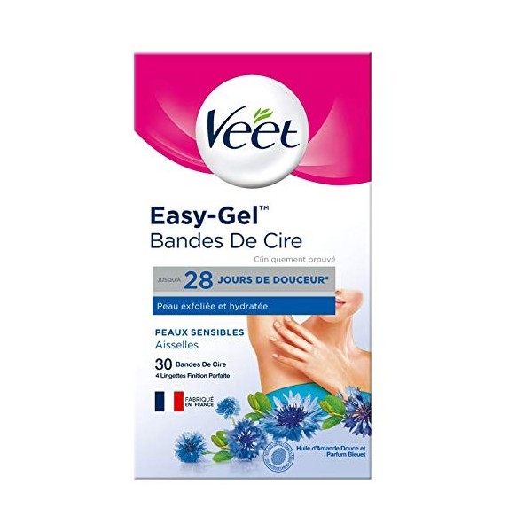 VEET EASY GEL - 30 Bandes De Cire Froide Aisselles - Peaux Sensibles - Sans Frotter - Epilation Longue Durée