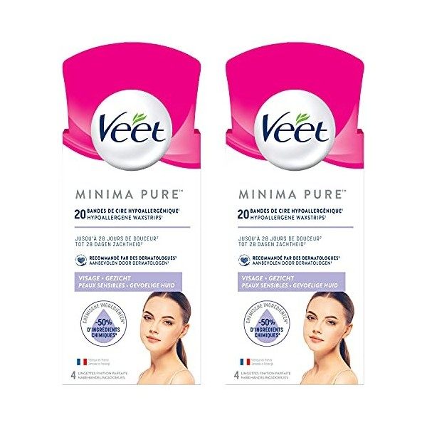 VEET PURE - 40 Bandes de cire froide Visage - Peaux Sensibles - Recommandés par les Dermatologues - Epilation Longue Durée - 