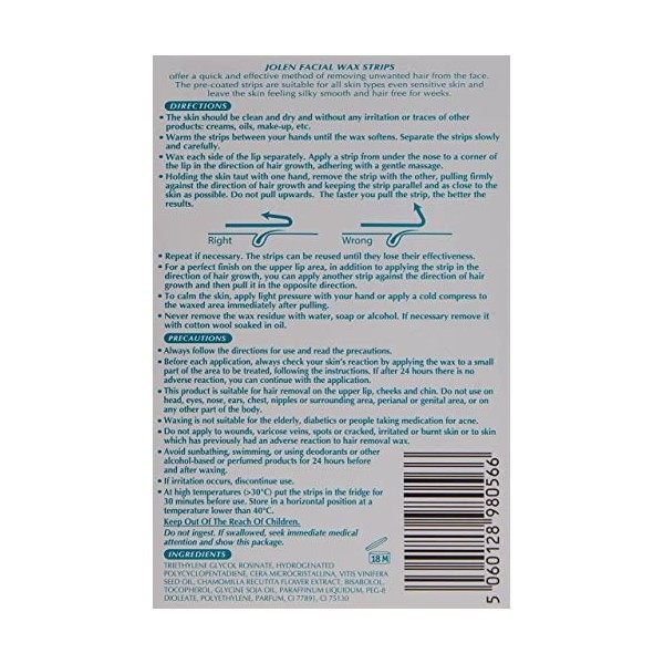 Jolen Facial Strip Wax Sensitive Skin 16 Facial Strips